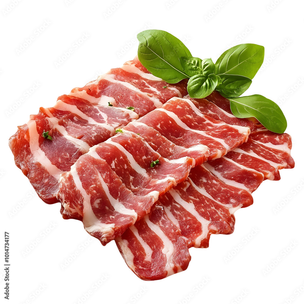 Delicious slices of prosciutto with fresh basil leaves on a transparent background Delicious slices of prosciutto with fresh basil leaves on a transparent background