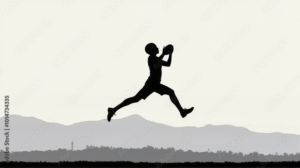 Silhouette of a boy jumping and catching ball against mountain backdrop Silhouette of a boy jumping and catching ball against mountain backdrop
