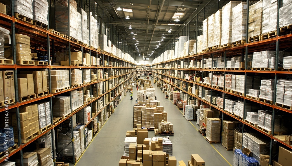 A spacious warehouse filled with neatly stacked boxes on shelves, showcasing an organized storage environment. A spacious warehouse filled with neatly stacked boxes on shelves, showcasing an organized storage environment.