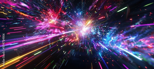 Vibrant New Year Celebration with Neon Fireworks on a Black Night Sky - Perfect for Posters