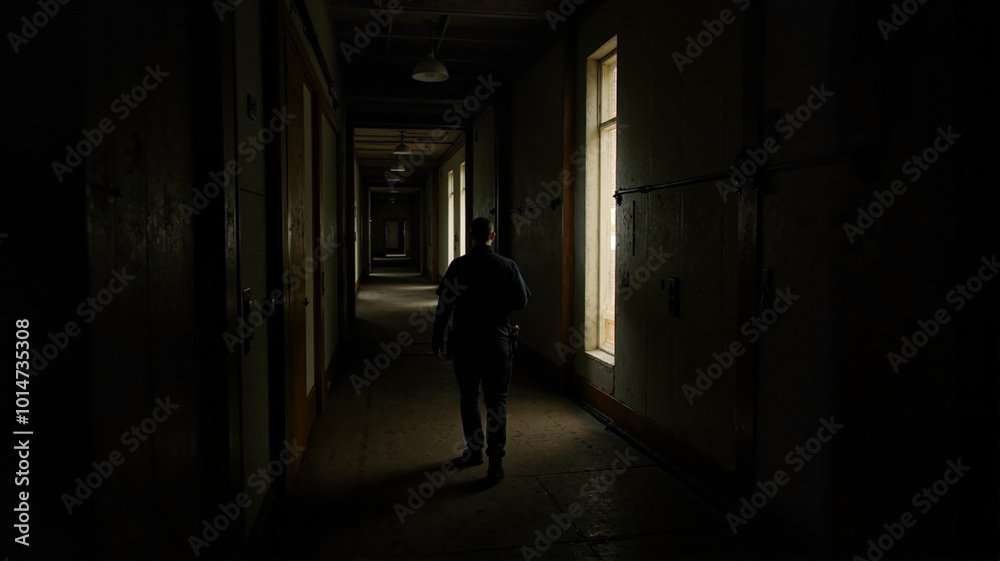 Man walking through abandoned dark hallway Man walking through abandoned dark hallway