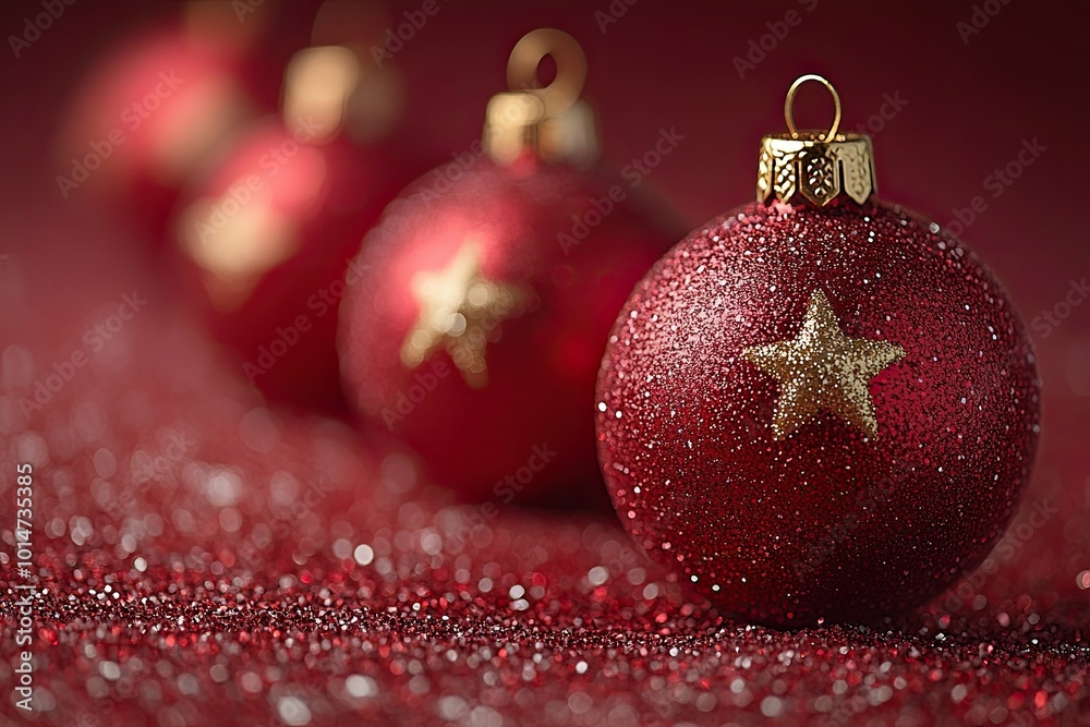 Red Christmas ornaments with golden stars on a red background. Christmas, New Year. 
