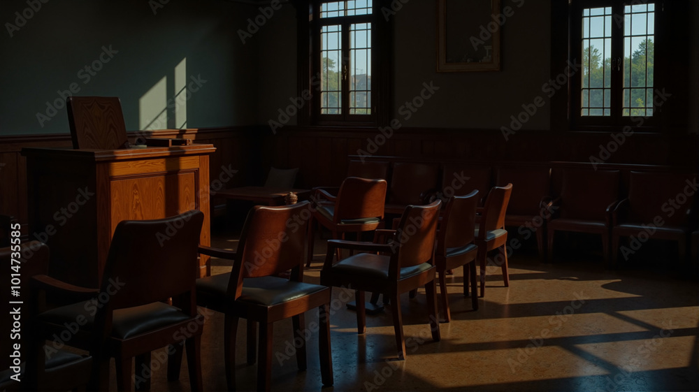Courtroom chairs illuminated by sunlight
