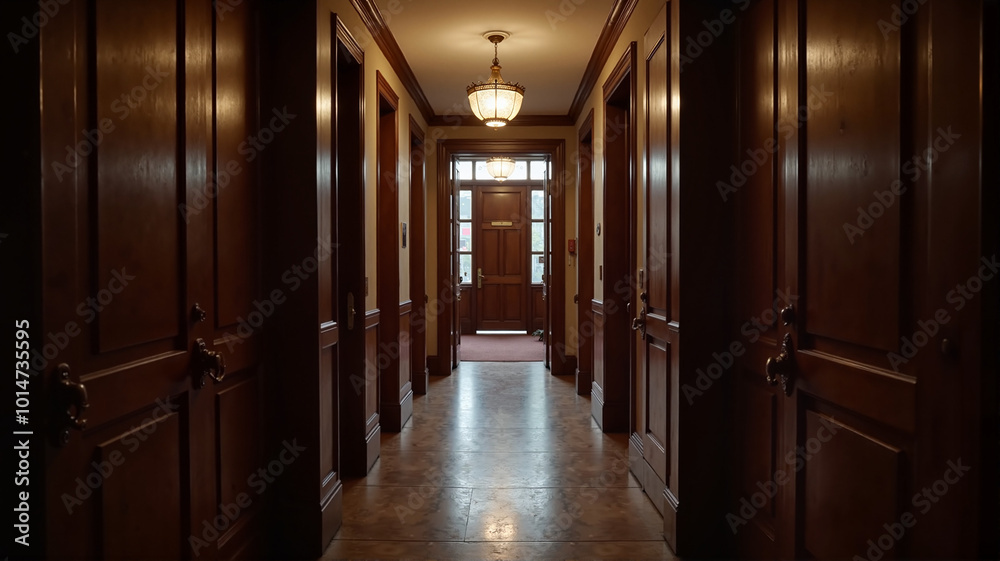 Wooden courtroom hallway with light at the end Wooden courtroom hallway with light at the end