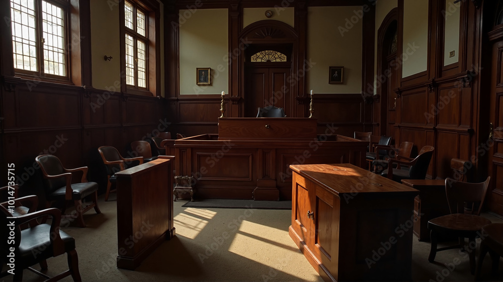 Obraz premium Empty courtroom with wooden benches and sunlight