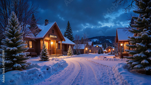 Snowy Winter Village at Night