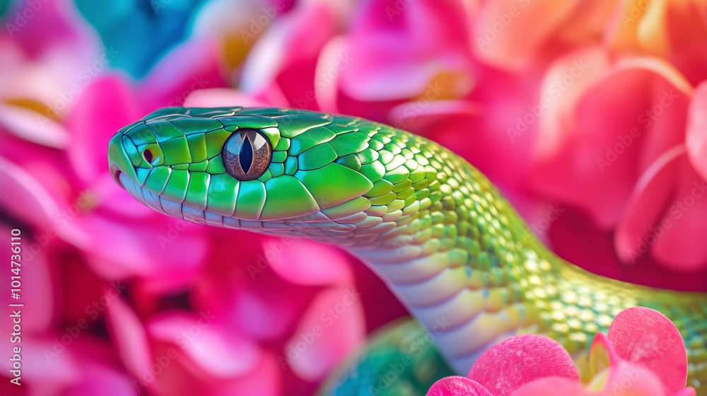 A vibrant green tree snake with shiny scales set against a background of colorful pink flowers. The color contrast emphasizes the detailed texture of the snake, creating a captivating visual effect A vibrant green tree snake with shiny scales set against a background of colorful pink flowers. The color contrast emphasizes the detailed texture of the snake, creating a captivating visual effect