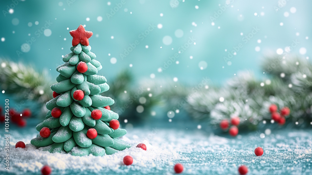 Plasticine Christmas tree with red berries and star on a snowy background. Handmade holiday decorations for winter celebrations Plasticine Christmas tree with red berries and star on a snowy background. Handmade holiday decorations for winter celebrations