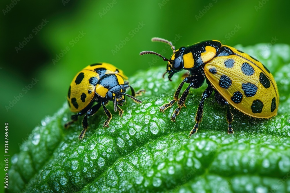 Two yellow and black ladybugs on a green leaf with dew drops. Two yellow and black ladybugs on a green leaf with dew drops.