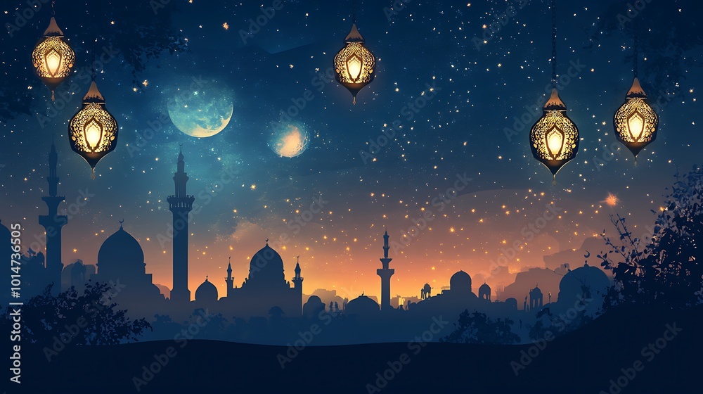 A silhouette of a city with minarets and mosques under a starry night sky with a crescent moon and lanterns. A silhouette of a city with minarets and mosques under a starry night sky with a crescent moon and lanterns.