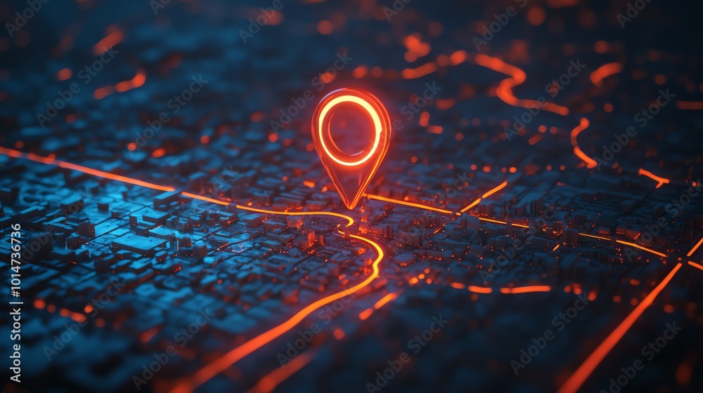 A glowing red location pin sits on a futuristic cityscape. A glowing red location pin sits on a futuristic cityscape.