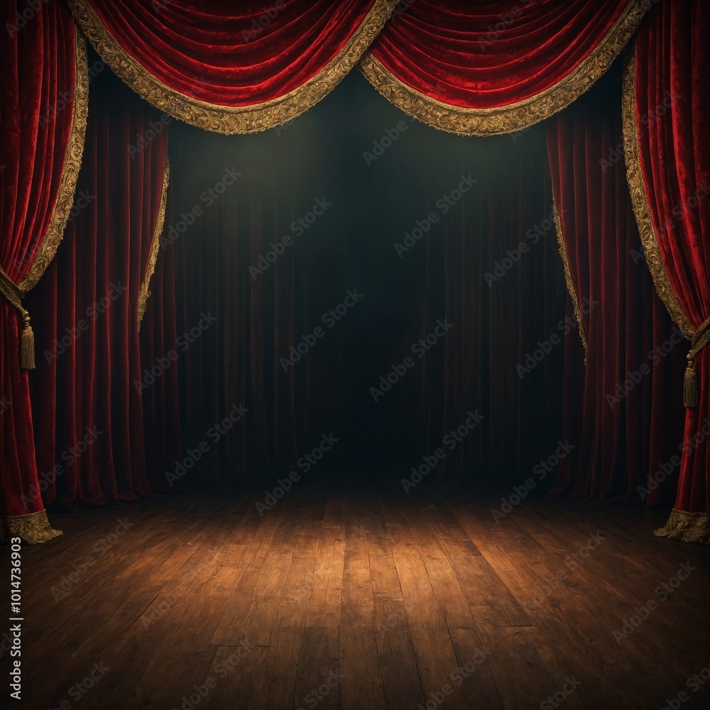 Fototapeta premium Grand, empty stage set with luxurious red velvet curtains parted in middle, revealing dark, mysterious space behind where performances take place. Heavy curtains drape elegantly on either side.