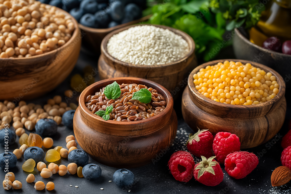 A vibrant array of grains, seeds, and berries displayed in wooden bowls on a dark surface, showcasing the beauty of healthy eating and natural ingredients A vibrant array of grains, seeds, and berries displayed in wooden bowls on a dark surface, showcasing the beauty of healthy eating and natural ingredients