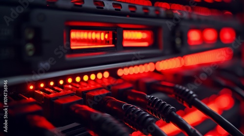 Close up view of network cables against fiber optic background showcasing data center infrastructure photo