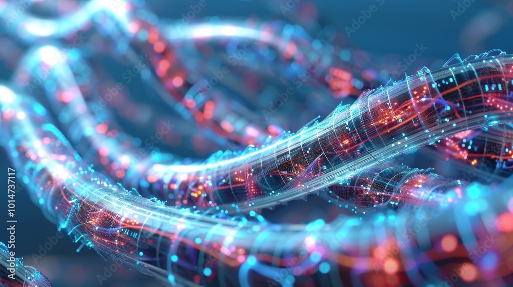Close up of network cables with fiber optics, emphasizing critical data center infrastructure Close up of network cables with fiber optics, emphasizing critical data center infrastructure