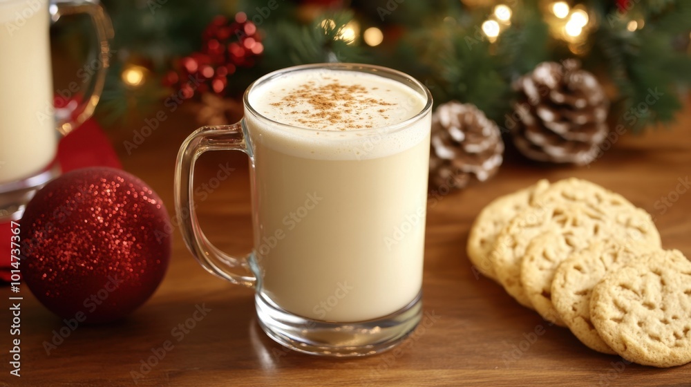 Warm eggnog topped with nutmeg, served in a festive glass mug, perfect for a holiday gathering. Warm eggnog topped with nutmeg, served in a festive glass mug, perfect for a holiday gathering.