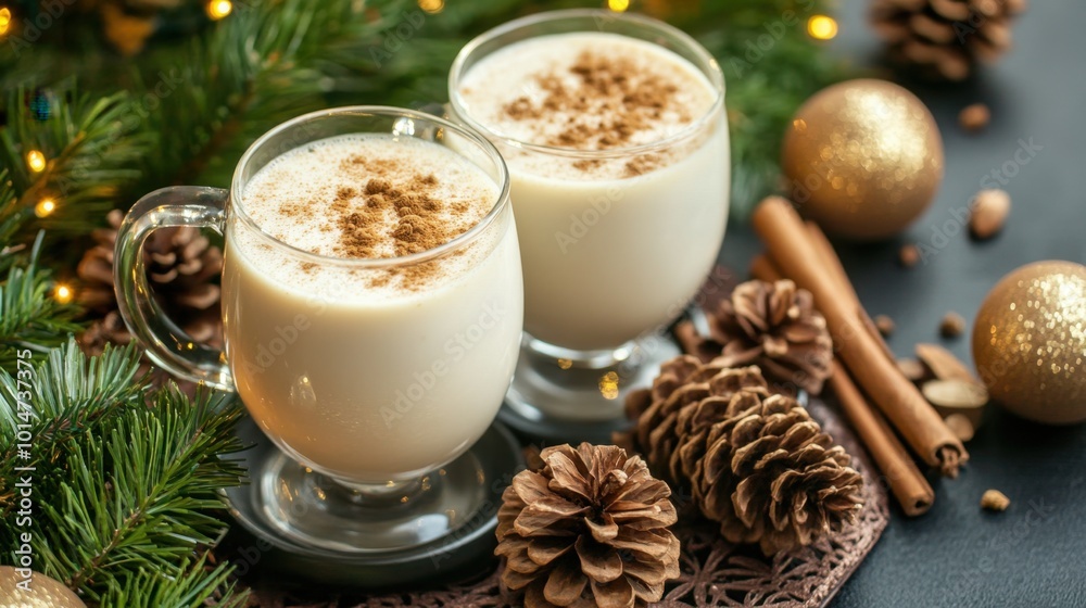 Warm eggnog topped with nutmeg, served in a festive glass mug, perfect for a holiday gathering. Warm eggnog topped with nutmeg, served in a festive glass mug, perfect for a holiday gathering.