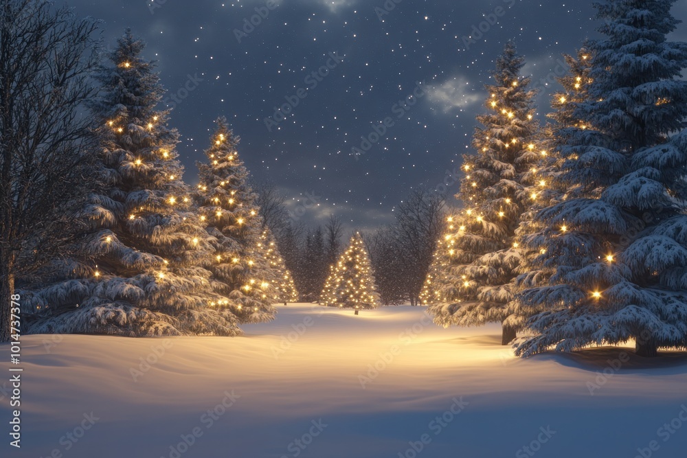 Magical Winter Landscape with Snowy Christmas Trees Magical Winter Landscape with Snowy Christmas Trees