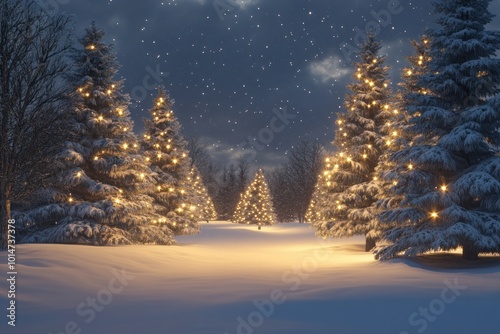 Magical Winter Landscape with Snowy Christmas Trees photo