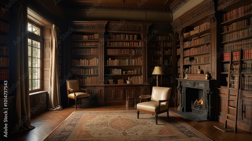 A small library room with a calm atmosphere has shelves filled with books and there are also chairs and sofas in it A small library room with a calm atmosphere has shelves filled with books and there are also chairs and sofas in it