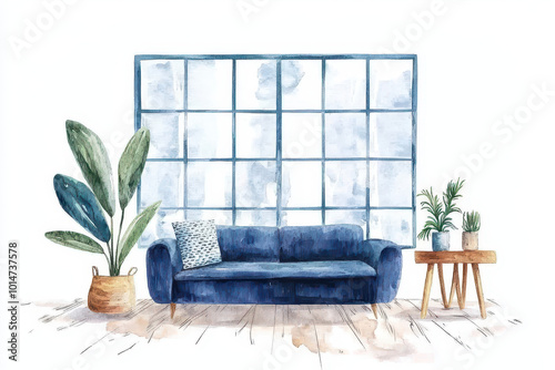 A cozy living room featuring a blue sofa, potted plants, and a large window with a watercolor aesthetic.