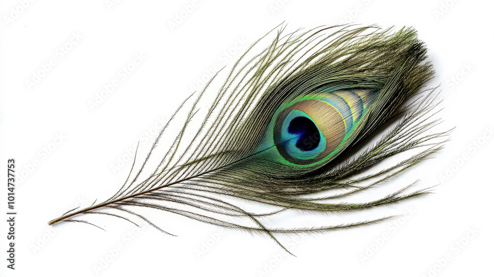 Obraz premium A peacock feather drifts gently on a white surface