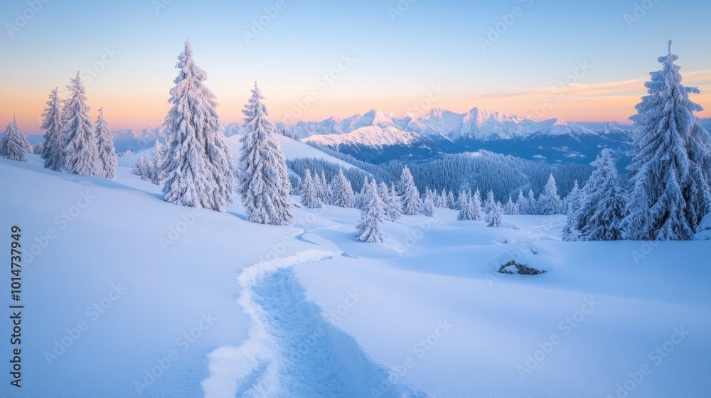 Winter hiking trail with snow-covered trees and mountains, a perfect destination for nature lovers and adventurers. Winter hiking trail with snow-covered trees and mountains, a perfect destination for nature lovers and adventurers.