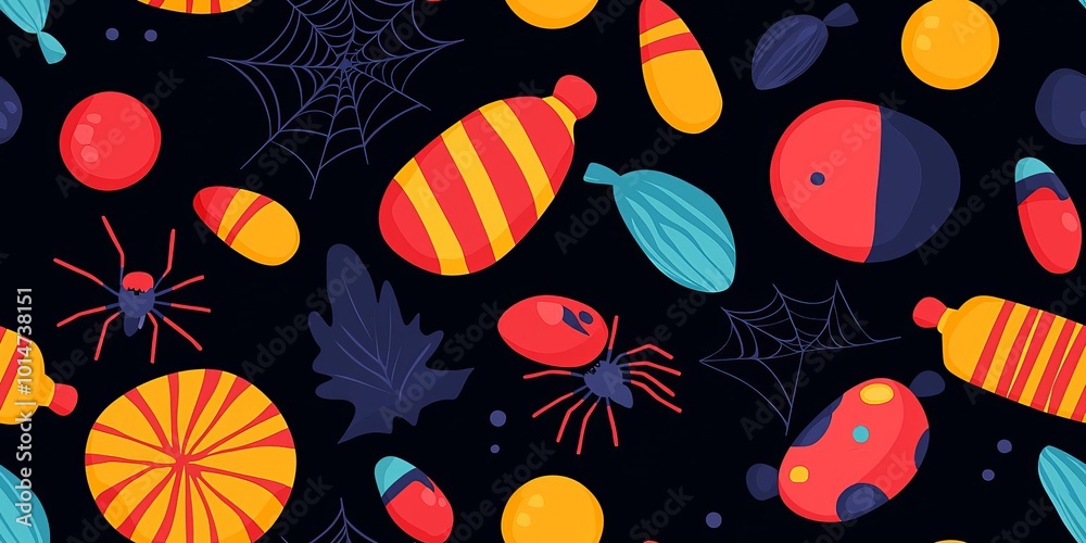 Halloween candy and spooky spider motifs in a seamless pattern, dark background with bright candy colors, ideal for Halloween decor , minimalist, textile Halloween candy and spooky spider motifs in a seamless pattern, dark background with bright candy colors, ideal for Halloween decor , minimalist, textile