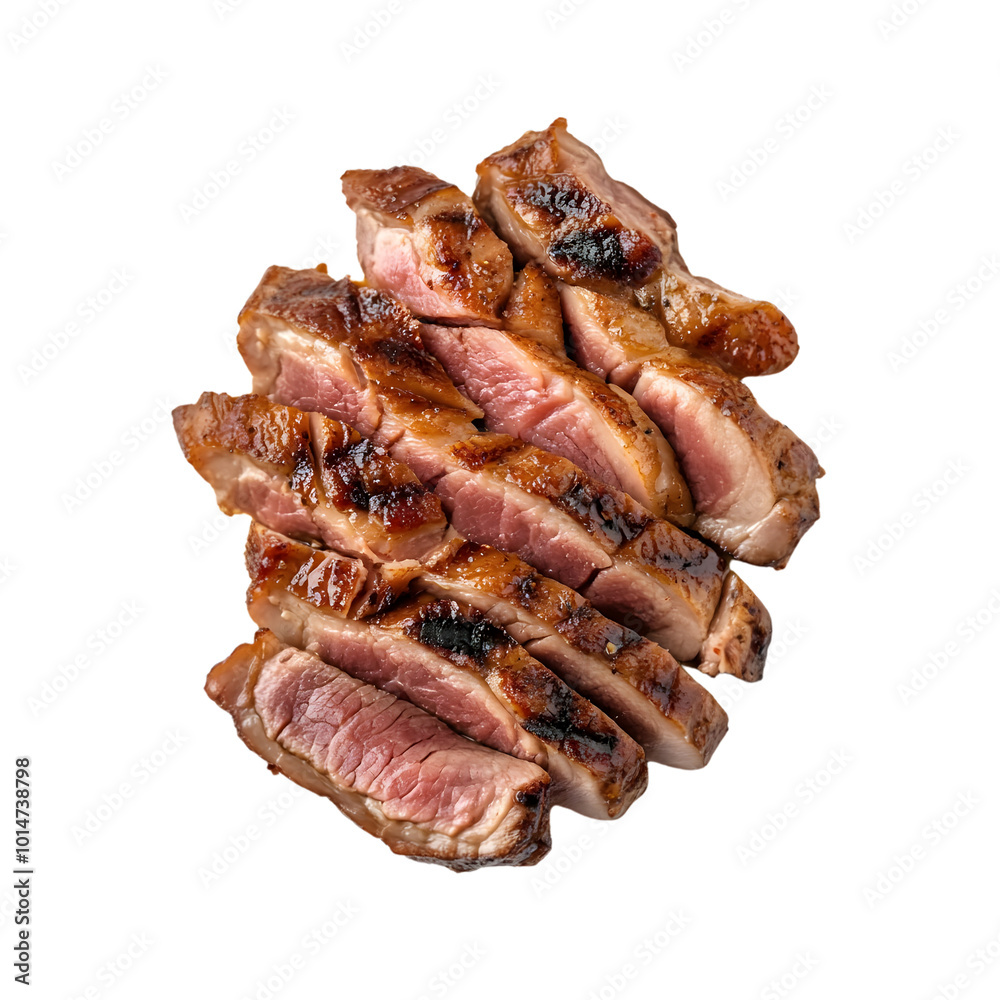 Perfectly grilled medium-rare steak slices on a white plate Perfectly grilled medium-rare steak slices on a white plate