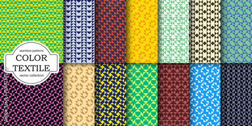 Collection of bright color seamless geometric patterns. Fabric material endless texture. Trendy fashion hipster decorative backgrounds. Modern unusual prints