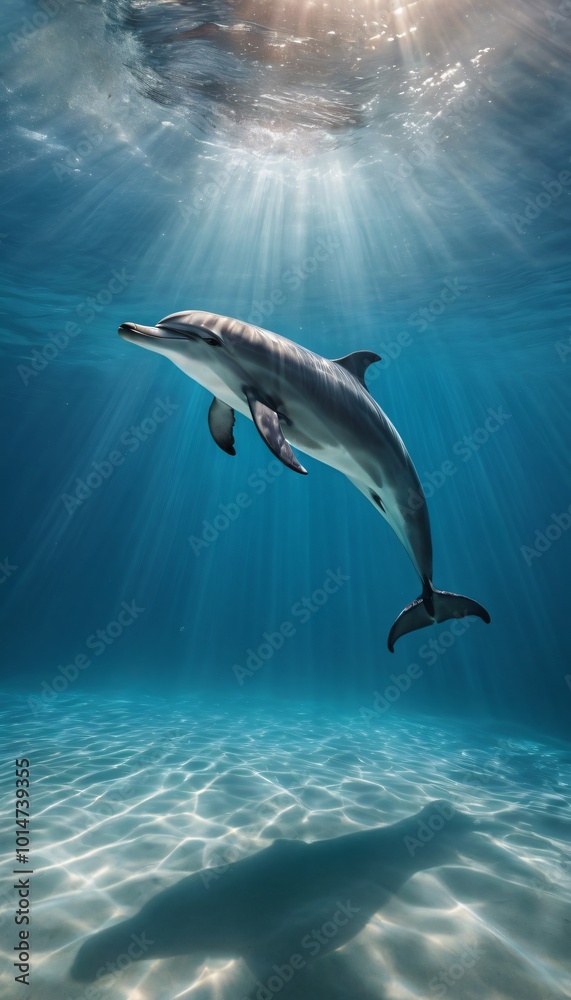 Fototapeta premium dolphin gracefully gliding through sunlit, crystal-clear blue water