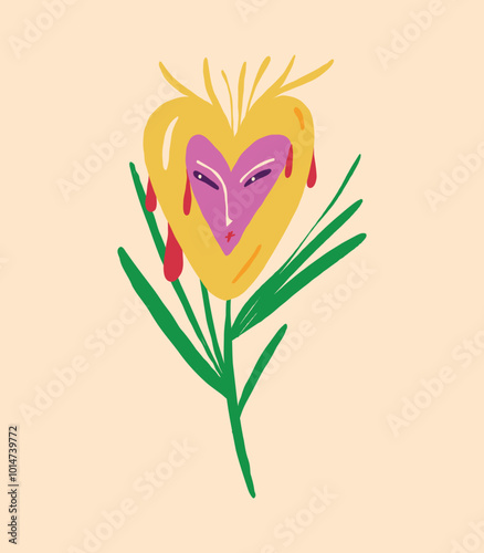 A strange fairy-tale pink flower with an indignant face. Vector illustration