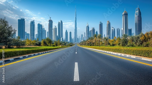 Fototapeta Naklejka Na Ścianę i Meble -  Asphalt highway road and city skyline with modern buildings scenery
