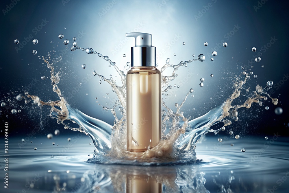 A bottle of lotion is placed in the middle of a splash of water A bottle of lotion is placed in the middle of a splash of water