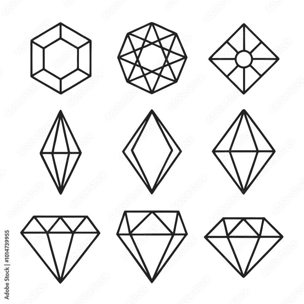 Set of geometric gemstone vector icons with outline style and faceted patterns for jewelry designs.Outline gemstone vector icons with clean geometric shapes, ideal for logos and decorative elements. Set of geometric gemstone vector icons with outline style and faceted patterns for jewelry designs.Outline gemstone vector icons with clean geometric shapes, ideal for logos and decorative elements.