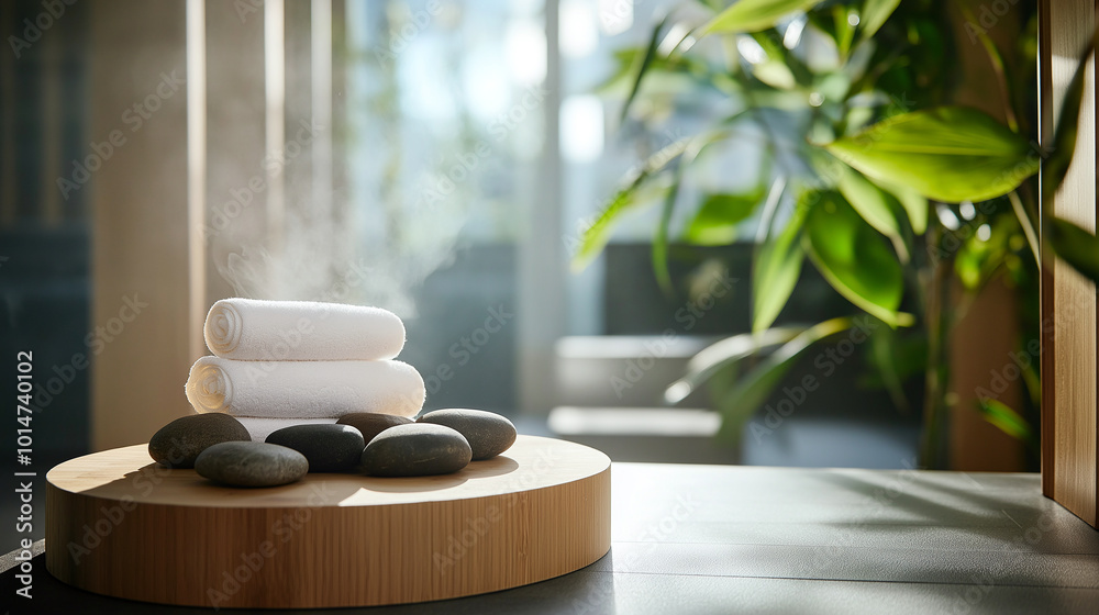 calming spa room featuring hot stones and rolled towels, creating serene atmosphere. soft steam adds to relaxing environment, perfect for rejuvenation calming spa room featuring hot stones and rolled towels, creating serene atmosphere. soft steam adds to relaxing environment, perfect for rejuvenation