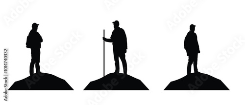 Man Standing on a Hill Outdoor Activities and Hiking. Mountain climbing and sports people vector silhouette
