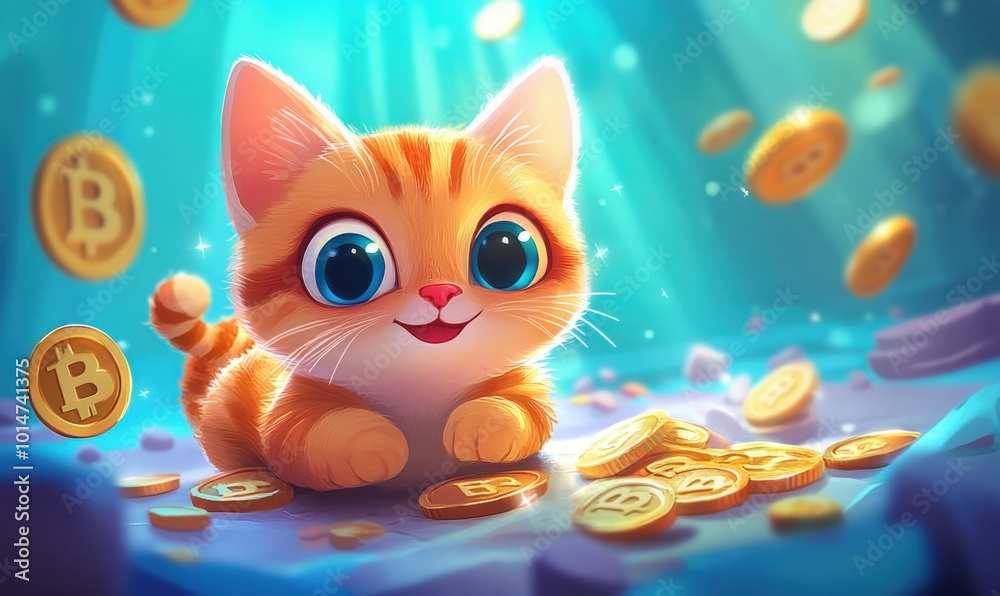 Cute cartoon kitten surrounded by gold bitcoins.