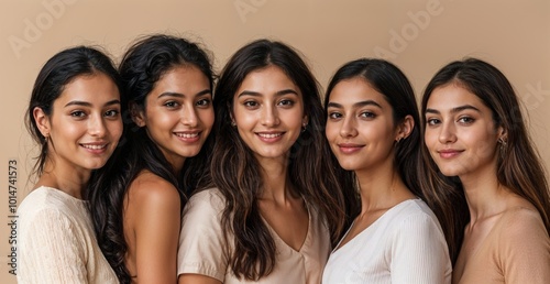 Group Of Five Beautiful Indian Women Standing Together, Smiling In Natural Tones generative ai 