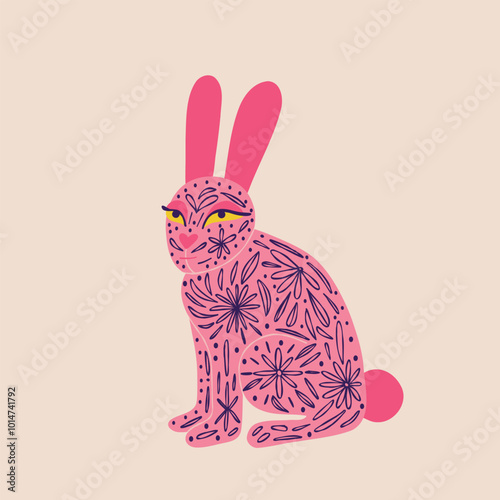 Cute pink rabbit with tattoos Illustration in a modern childish hand-drawn style