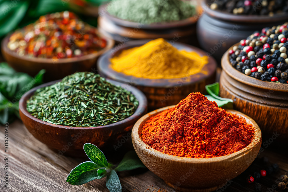 Colorful spices including paprika, turmeric, and a variety of herbs are arranged in wooden bowls, creating a rich and aromatic culinary display ideal for cooking enthusiasts Colorful spices including paprika, turmeric, and a variety of herbs are arranged in wooden bowls, creating a rich and aromatic culinary display ideal for cooking enthusiasts