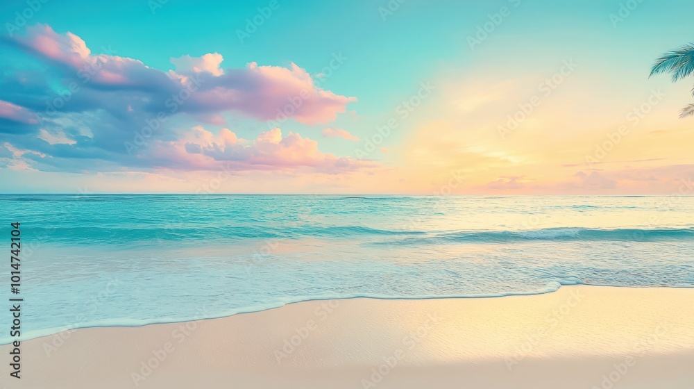 A serene beach scene at sunset with gentle waves and pastel-colored skies, evoking tranquility and relaxation.