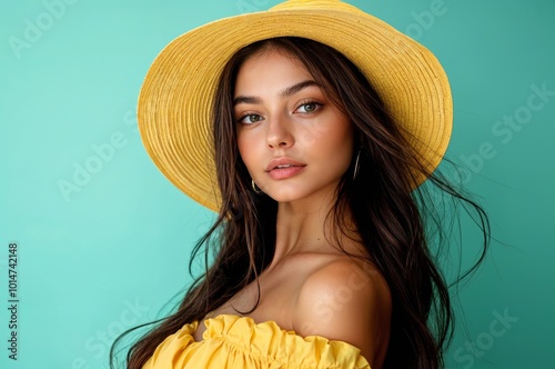 Beautiful Indian Woman In A Yellow Hat With A Calm Expression And Flowing Hair generative ai photo