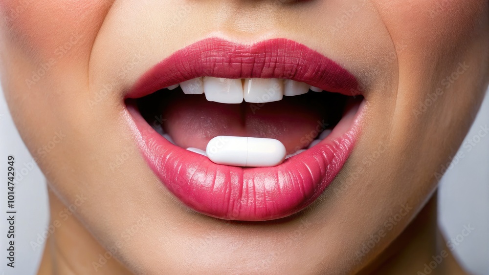 A zoomed-in view of a woman’s mouth with a medication pill, symbolizing health, wellness, care, and diverse treatment options for enhancing one’s well-being. A zoomed-in view of a woman’s mouth with a medication pill, symbolizing health, wellness, care, and diverse treatment options for enhancing one’s well-being.