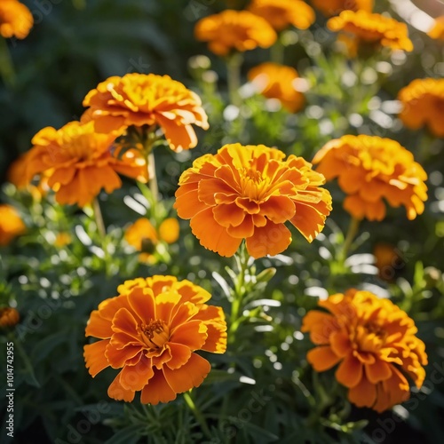 Marigold flowers showcase rich orange hues in garden, illuminated by warm sunlight, creating a lively atmosphere. Marigolds Tagetes are a genus of annual and perennial plants of Asteraceae family. AI