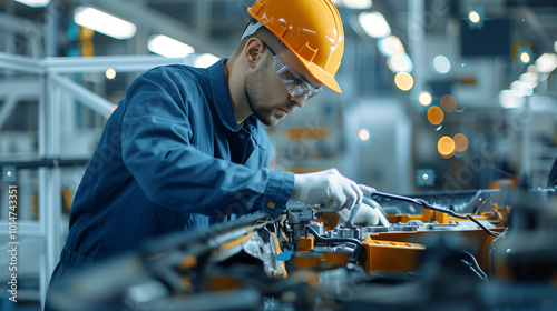 Engineer working on mechanical parts in a factory with focus on precision and craftsmanship