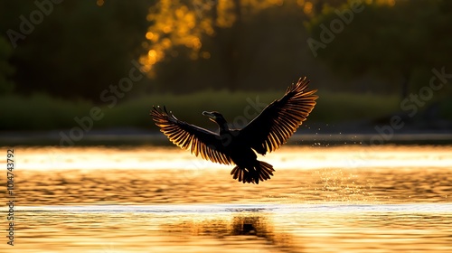 A bird gracefully spreads its wings over a shimmering lake at sunset, capturing the serene beauty of nature. photo