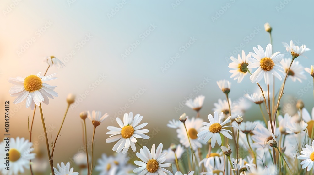 A serene field of blooming daisies under a soft blue sky, bathed in warm light, creating a peaceful and natural atmosphere. A serene field of blooming daisies under a soft blue sky, bathed in warm light, creating a peaceful and natural atmosphere.