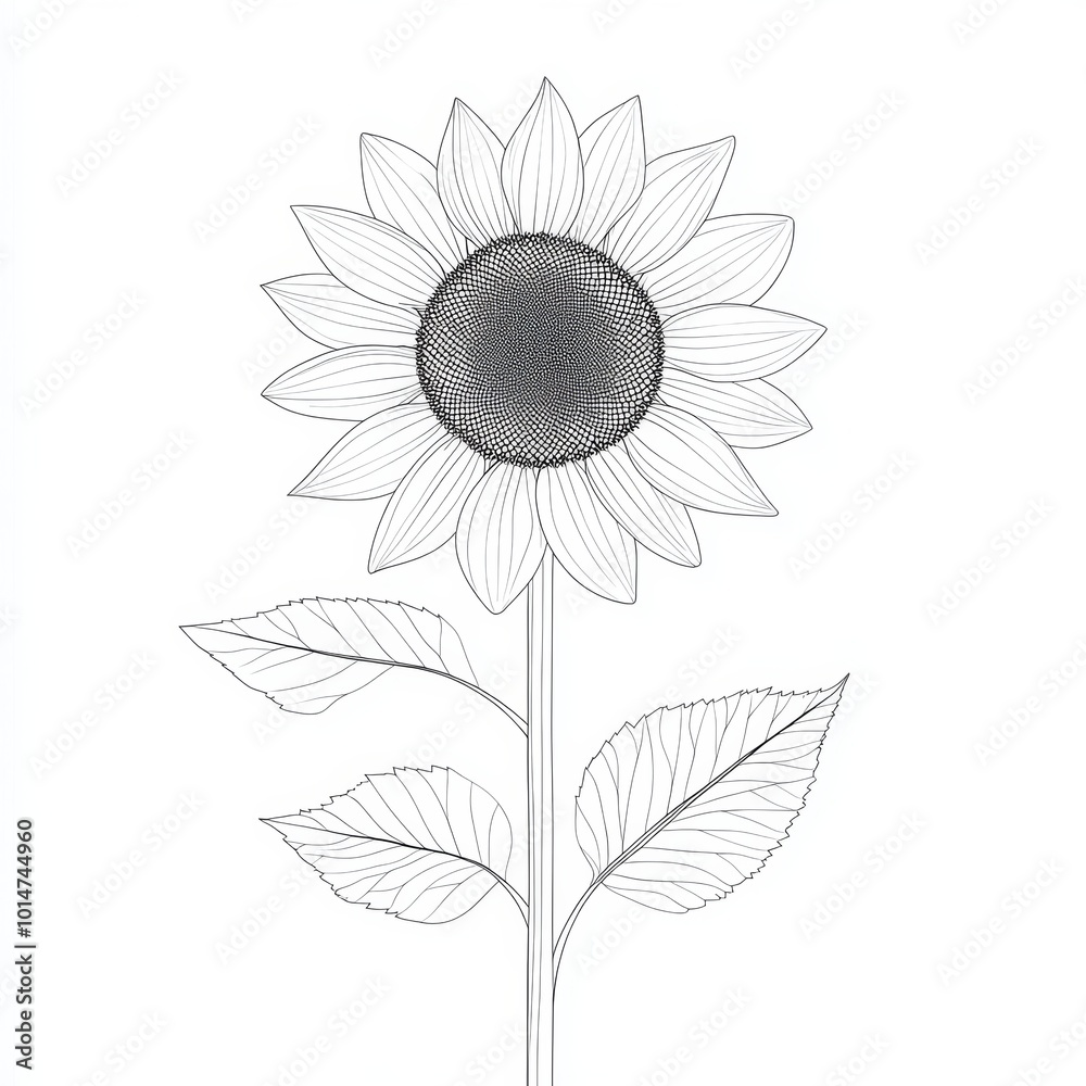 Fototapeta premium Outline illustration of a sunflower with detailed petals and leaves.