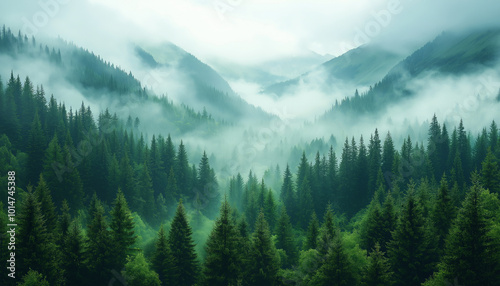 Misty evergreen forest landscape with rolling hills covered in fog, serene atmosphere, lush green nature, dramatic weather conditions creating a tranquil and mysterious scene in a remote wilderness se